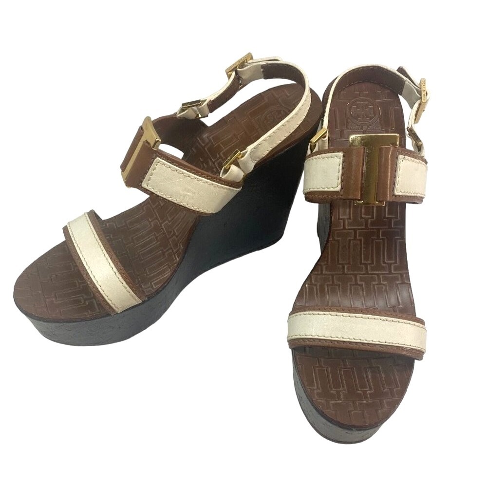 TORY BURCH Women Leather Wedge Sandals Platforms Size 11 White Brown S-8